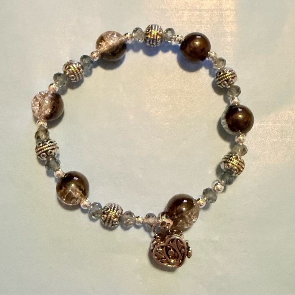 B6 Alexa’s Angels 7" Rhodium Silver and Smoky Quartz Beaded Prayer Box Bracelet